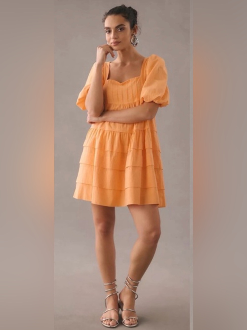 Anthropologie-Orange Sherbert-Square Neck-Cottage Core-Puff-Sleeve-Dress-XS